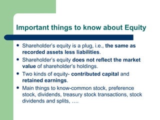 Important things to know about Equity Shareholder’s equity is a plug, i.e.,  the same as recorded assets less liabilities . Shareholder’s equity  does not reflect the market value  of shareholder’s holdings. Two kinds of equity-  contributed capital  and  retained earnings .  Main things to know-common stock, preference stock, dividends, treasury stock transactions, stock dividends and splits, ….  