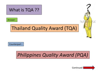 What is TQA ??
Answer :
Thailand Quality Award (TQA)
Counterpart :
Philippines Quality Award (PQA)
Continued
 