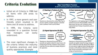  Initial set of Criteria in 1988 had
62 items with 278 areas to
address.
 In 1997, a more generic and user
friendly which resulted in 20
items and 30 areas to address.
 In 1999, the Criteria were
reworded in a question format
that managers can easily
understand.
 The most significant changes in
the criteria reflect the maturity
of business practices and total
quality approaches. Example
 