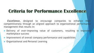 Excellence, designed to encourage companies to enhance their
competitiveness through an aligned approach to organizational performance
management that results in:
 Delivery of ever-improving value of customers, resulting in improved
marketplace success
 Improvement of overall company performance and capabilities
 Organizational and Personal Learning
 