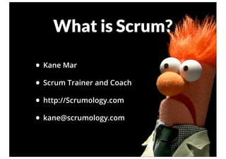 What is Scrum?
• Kane Mar
• Scrum Trainer and Coach
• http://Scrumology.com
• kane@scrumology.com
 