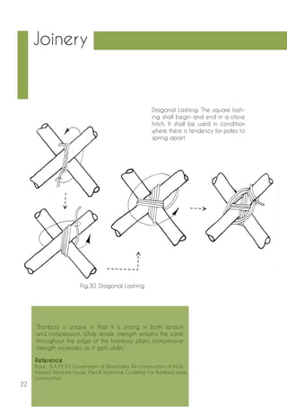 22 
Diagonal Lashing: The square lash-ing 
shall begin and end in a clove 
hitch. It shall be used in condition 
where there is tendency for poles to 
spring apart. 
Joinery 
Fig.30. Diagonal Lashing 
“Bamboo is unique in that it is strong in both tension 
and compression. While tensile strength remains the same 
throughout the edge of the bamboo plant, compressive 
strength increases as it gets older.” 
Reference 
Book : B.A.P.E.P.S Government of Bihar,India, Re-construction of Multi- 
Hazard Resistant house, Part-II Technical Guideline For Bamboo base 
construction 
 