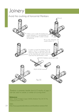 24 
Joinery 
If there is not a node, the bamboo be-comes 
flattened. It is recommended to 
insert a wood cylinder in order to avoid 
the flattening 
Fill up the internode with 
cement mortar 1:2 
In order to avoid the flattening of the 
beam in Fig. A, is necessary that the 
beam has node at the end. And to fill 
up the internode with cement mortar in 
case that the wall thickness is small 
Bamboo section with node 
Wood cylinder 
Pressure 
Fig. 32. 
Avoid the crushing of horizontal Members 
“Bamboo is extremely flexible from 6-12 months of age, it 
can be used to create a number of curving forms.” 
Reference 
Book : Oscar Hindalco-Lopez (2003), Bamboo The Gift Of The 
Goods, By D’vinni LTDA. 
Web: 
http://www.guaduabamboo.com/bamboo-joinery.html 
 