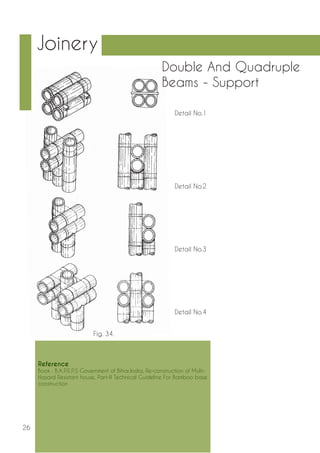 26 
Joinery 
Double And Quadruple 
Beams - Support 
Detail No.1 
Detail No.2 
Detail No.3 
Detail No.4 
Fig. 34. 
Reference 
Book : B.A.P.E.P.S Government of Bihar,India, Re-construction of Multi- 
Hazard Resistant house, Part-II Technical Guideline For Bamboo base 
construction 
 