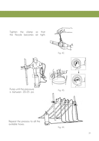 31 
Tighten the clamp so that the Nozzle becomes air tight. 
Pump until the presssure is between 20-25 psi. 
Repeat the process to all the avilable hoses. 
Fig. 42. 
Fig. 43. 
Fig. 44.  