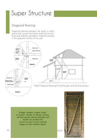 40 
Super Structure 
Diagonal bracing between the posts in each 
wall at the corners from plinth level end to attc 
level end shall be provided. It shall be mirrored 
in the opposite corners of the wall. 
Fig.54. Diagonal Bracing for Earthquake and Wind-resistance 
Diagonal Bracing 
Fig.55. 
Bridge, baskets, paper, flutes, 
In summer, shade, at dinner, shoots-all 
from groves whose rhizomes will 
mantle an eroded hill. 
Count its uses? count instead 
fingers of the thankful dead. 
 