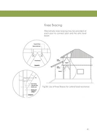 41 
Fig.56. Use of Knee Braces for Lateral load resistance 
Alternatively. knee bracing may be provided at each post to connect post and the attic level beam 
Knee Bracing  