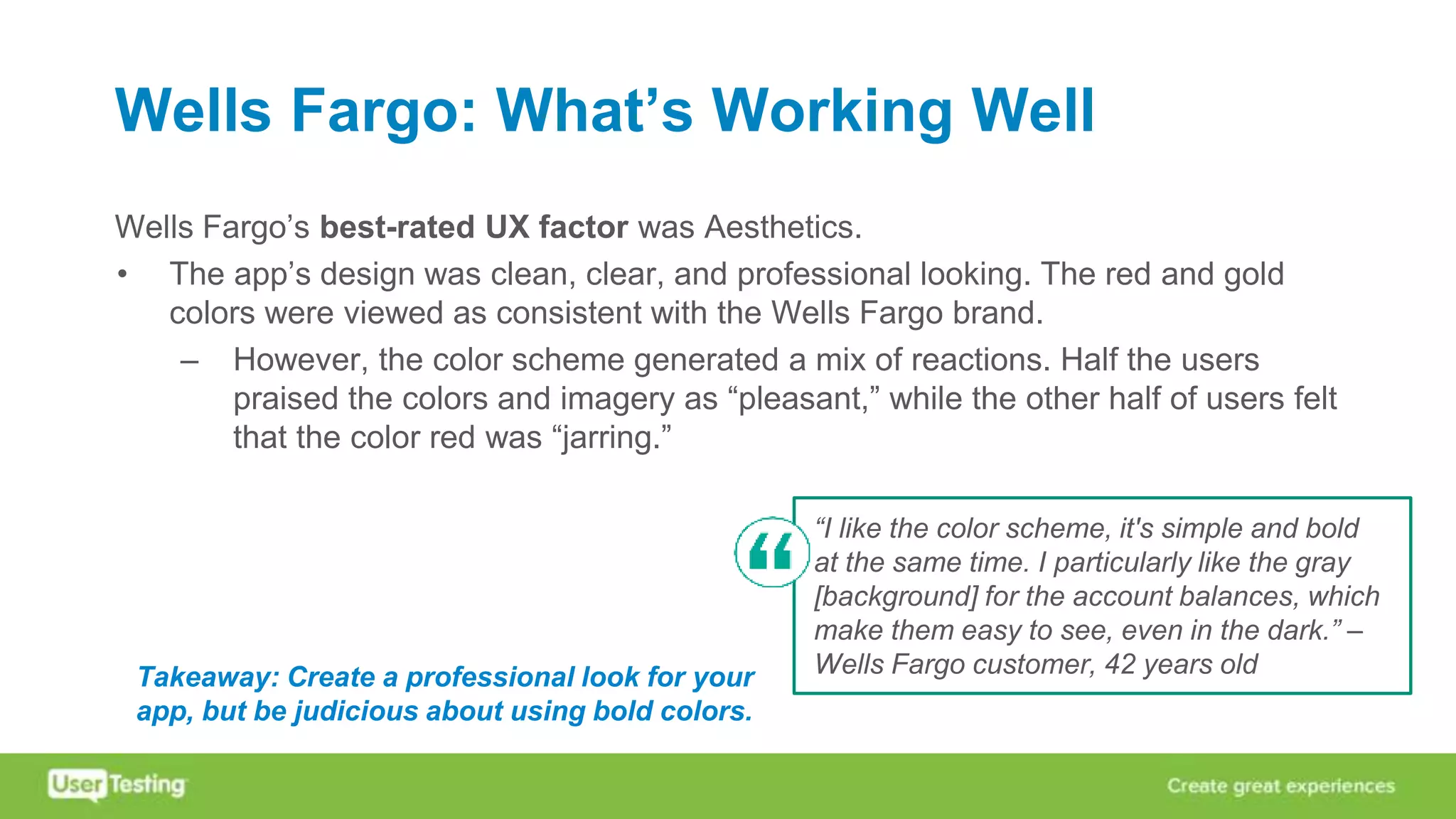 Wells Fargo: What’s Working Well
Wells Fargo’s best-rated UX factor was Aesthetics.
• The app’s design was clean, clear, and professional looking. The red and gold
colors were viewed as consistent with the Wells Fargo brand.
– However, the color scheme generated a mix of reactions. Half the users
praised the colors and imagery as “pleasant,” while the other half of users felt
that the color red was “jarring.”
“I like the color scheme, it's simple and bold
at the same time. I particularly like the gray
[background] for the account balances, which
make them easy to see, even in the dark.” –
Wells Fargo customer, 42 years oldTakeaway: Create a professional look for your
app, but be judicious about using bold colors.
 
