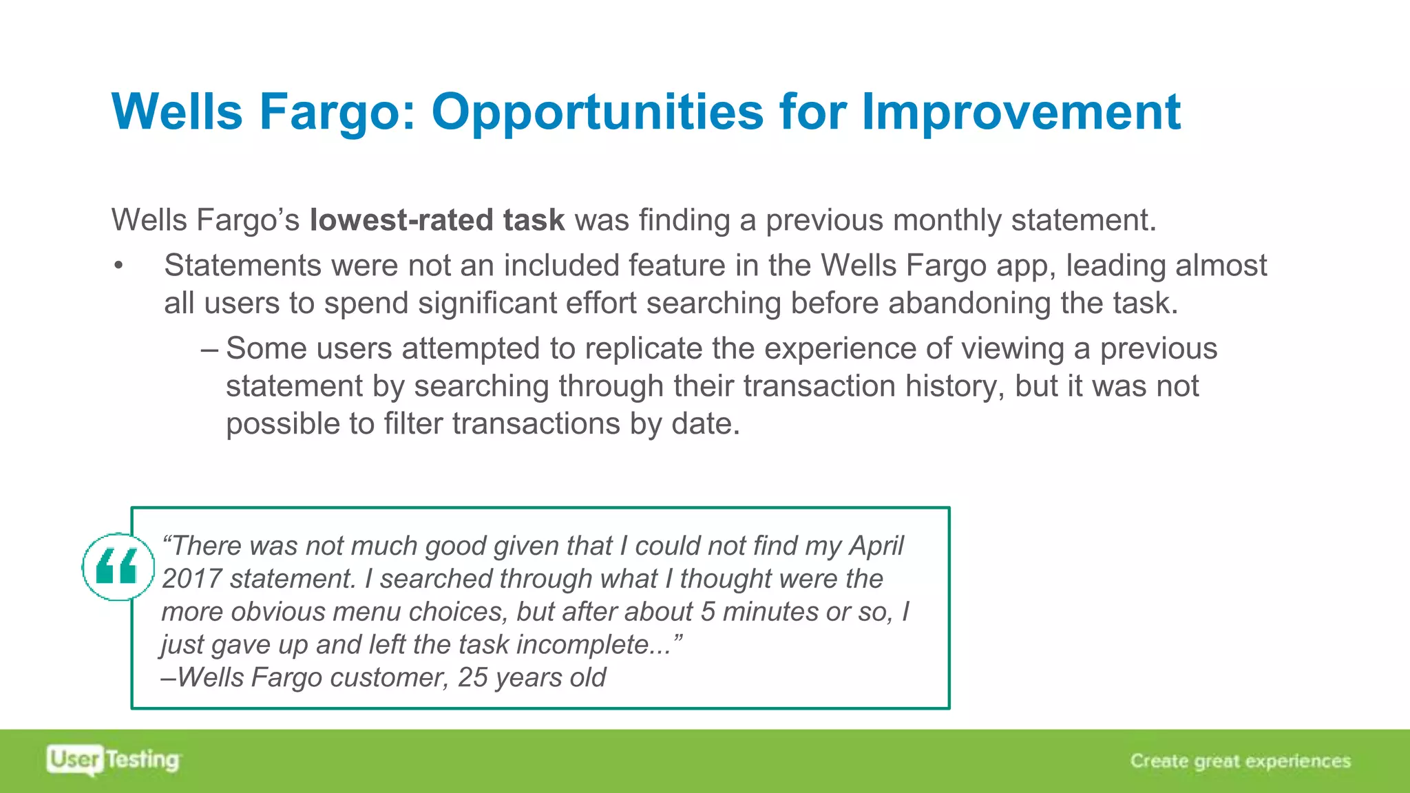 Wells Fargo: Opportunities for Improvement
Wells Fargo’s lowest-rated task was finding a previous monthly statement.
• Statements were not an included feature in the Wells Fargo app, leading almost
all users to spend significant effort searching before abandoning the task.
– Some users attempted to replicate the experience of viewing a previous
statement by searching through their transaction history, but it was not
possible to filter transactions by date.
“There was not much good given that I could not find my April
2017 statement. I searched through what I thought were the
more obvious menu choices, but after about 5 minutes or so, I
just gave up and left the task incomplete...”
–Wells Fargo customer, 25 years old
 