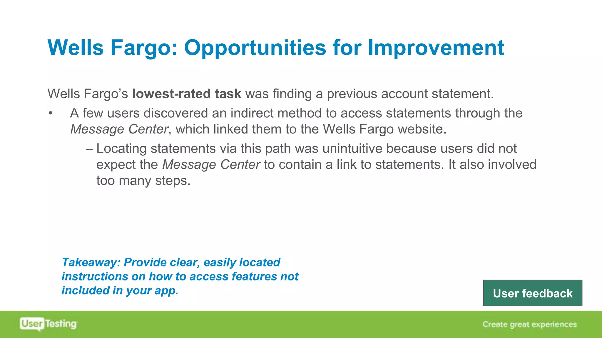 Wells Fargo: Opportunities for Improvement
Wells Fargo’s lowest-rated task was finding a previous account statement.
• A few users discovered an indirect method to access statements through the
Message Center, which linked them to the Wells Fargo website.
– Locating statements via this path was unintuitive because users did not
expect the Message Center to contain a link to statements. It also involved
too many steps.
Takeaway: Provide clear, easily located
instructions on how to access features not
included in your app. User feedback
 