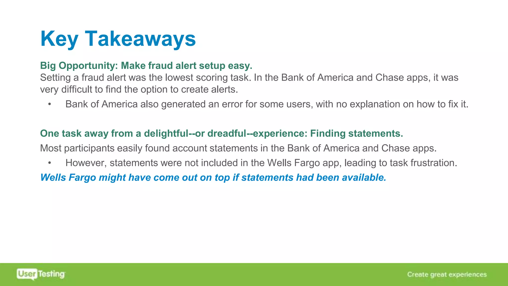 Key Takeaways
Big Opportunity: Make fraud alert setup easy.
Setting a fraud alert was the lowest scoring task. In the Bank of America and Chase apps, it was
very difficult to find the option to create alerts.
• Bank of America also generated an error for some users, with no explanation on how to fix it.
One task away from a delightful--or dreadful--experience: Finding statements.
Most participants easily found account statements in the Bank of America and Chase apps.
• However, statements were not included in the Wells Fargo app, leading to task frustration.
Wells Fargo might have come out on top if statements had been available.
 