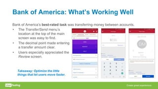 Bank of America: What’s Working Well
Bank of America’s best-rated task was transferring money between accounts.
• The Transfer/Send menu’s
location at the top of the main
screen was easy to find.
• The decimal point made entering
a transfer amount clear.
• Users especially appreciated the
Review screen.
Takeaway: Optimize the little
things that let users move faster.
 