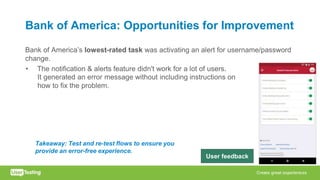 Bank of America: Opportunities for Improvement
Bank of America’s lowest-rated task was activating an alert for username/password
change.
• The notification & alerts feature didn't work for a lot of users.
Takeaway: Test and re-test flows to ensure you
provide an error-free experience.
User feedback
It generated an error message without including instructions on
how to fix the problem.
 