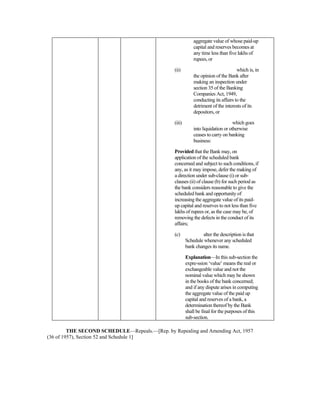 aggregate value of whose paid-up
capital and reserves becomes at
any time less than five lakhs of
rupees, or
(ii) which is, in
the opinion of the Bank after
making an inspection under
section 35 of the Banking
Companies Act, 1949,
conducting its affairs to the
detriment of the interests of its
depositors, or
(iii) which goes
into liquidation or otherwise
ceases to carry on banking
business:
Provided that the Bank may, on
application of the scheduled bank
concerned and subject to such conditions, if
any, as it may impose, defer the making of
a direction under sub-clause (i) or sub-
clauses (ii) of clause (b) for such period as
the bank considers reasonable to give the
scheduled bank and opportunity of
increasing the aggregate value of its paid-
up capital and reserves to not less than five
lakhs of rupees or, as the case may be, of
removing the defects in the conduct of its
affairs;
(c) alter the description is that
Schedule whenever any scheduled
bank changes its name.
Explanation—In this sub-section the
expre-ssion ‘value’ means the real or
exchangeable value and not the
nominal value which may be shown
in the books of the bank concerned;
and if any dispute arises in computing
the aggregate value of the paid up
capital and reserves of a bank, a
determination thereof by the Bank
shall be final for the purposes of this
sub-section.
THE SECOND SCHEDULE—Repeals.—[Rep. by Repealing and Amending Act, 1957
(36 of 1957), Section 52 and Schedule 1]
 