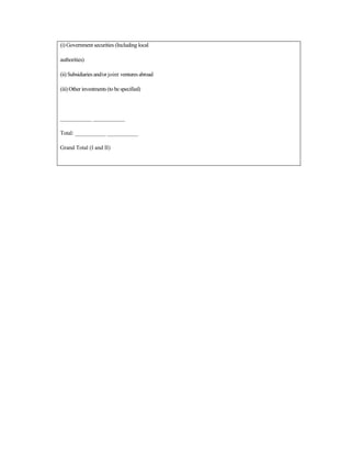 (i) Government securities (Including local
authorities)
(ii) Subsidiaries and/or joint ventures abroad
(iii) Other investments (to be specified)
___________ ___________
Total: ___________ ___________
Grand Total (I and II)
 
