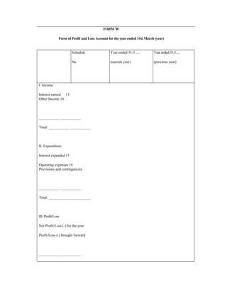 FORM 'B'
Form of Profit and Loss Account for the year ended 31st March (year)
Schedule
No.
Year ended 31-3 .....
(current year)
Year ended 31-3.....
(previous year)
I. Income
Interest earned 13
Other Income 14
___________ ___________
Total: ___________ ___________
II. Expenditure
Interest expended 15
Operating expenses 16
Provisions and contingencies
___________ ___________
Total: ___________ ___________
III. Profit/Loss
Net Profit/Loss (-) for the year
Profit/Loss (-) brought forward
___________ ___________
 