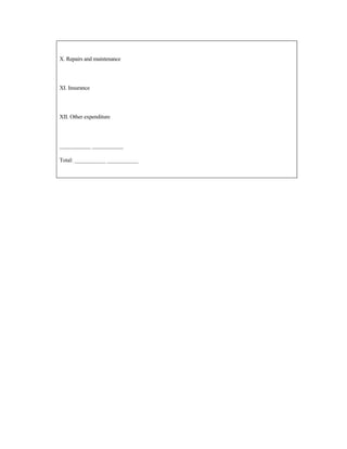 X. Repairs and maintenance
XI. Insurance
XII. Other expenditure
___________ ___________
Total: ___________ ___________
 