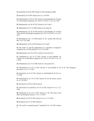 11. Inserted by Act 58 of 1969, Section 16 with retrospective effect.
12. Inserted by 33 of 1959, Section 28 w.e.f. 1-10-1959.
13. Substituted by Act 95 of 1956, Section 14 and Schedule for “Section
173 of the Indian Companies Act, 1913 (7 of 1913)” w.e.f. 14-1-1957.
14. Substituted by Act 42 of 1953, Section 4, for “Court”.
15. Substituted by Act 37 of 1960, Section 3, for section 41.
16. Substituted by Act. 95 of 1956, Section 14 and Schedule, for “sections
178A and 183 of the Indian Companies Act, 1913 (7 of 1913)” w.e.f. 14-1-
1957.
17. Substituted by Act 1 of 1984 Section 33, for “sections 460, 464 and
465” w.e.f. 15-2-1984.
18. Substituted by Act 52 of 1953 Section 4, for “Court”.
19. The words “or with the appointment of a committee of inspection”
omitted by Act 1 of 1984, Section 33 w.e.f. 15-2-1984.
20. Substituted by Act 52 of 1953, Section 8, for section 43.
21. Substituted by Act 95 of 1956, Section 14 and Schedule, for
“section 191 of the Indian Companies Act, 1913 (7 of 1913)” w.e.f. 14-
1-1957.
22. Substituted by Act 37 of 1960, Section 4, for section 43A.
23. Substituted by Act 47 of 1961, Section 51 and Schedule II, Pt. II, for “the foregoing
provisions” w.e.f. 1-1- 1962.
24. Inserted by Act 47 of 1961, Section 51 and Schedule II, Pt. II w.e.f.
1-1-1962
25. Substituted by Act 33 of 1959, Section 30, for the former section
w.e.f. 1-10-1959.
26. Inserted by Act 20 of 1950, Section 8.
27. Sub-section (5) omitted by Act 55 of 1963, Section 19 w.e.f. 1-2-
1964.
28. Substituted by Act 55 of 1963, Section 19, for “the terms of the
order sanctioning the scheme” w.e.f. 1-2-1964.
29. Inserted by Act 55 of 1963, Section 19 w.e.f. 1-12-1964.
30. Inserted by Act 37 of 1960, Section 5.
31. The words “in national interest” omitted by Act 7 of 1961, Section
3.
 