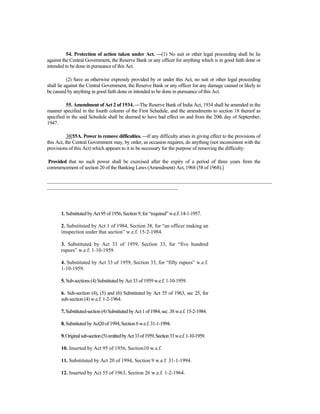 54. Protection of action taken under Act. —(1) No suit or other legal proceeding shall be lie
against the Central Government, the Reserve Bank or any officer for anything which is in good faith done or
intended to be done in pursuance of this Act.
(2) Save as otherwise expressly provided by or under this Act, no suit or other legal proceeding
shall lie against the Central Government, the Reserve Bank or any officer for any damage caused or likely to
be caused by anything in good faith done or intended to be done in pursuance of this Act.
55. Amendment of Act 2 of 1934. —The Reserve Bank of India Act, 1934 shall be amended in the
manner specified in the fourth column of the First Schedule, and the amendments to section 18 thereof as
specified in the said Schedule shall be deemed to have had effect on and from the 20th day of September,
1947.
38[55A. Power to remove difficulties. —If any difficulty arises in giving effect to the provisions of
this Act, the Central Government may, by order, as occasion requires, do anything (not inconsistent with the
provisions of this Act) which appears to it to be necessary for the purpose of removing the difficulty:
Provided that no such power shall be exercised after the expiry of a period of three years from the
commencement of section 20 of the Banking Laws (Amendment) Act, 1968 (58 of 1968).]
______________________________________________________________________________________
__________________________________________________
1. SubstitutedbyAct95of 1956,Section9,for “required”w.e.f.14-1-1957.
2. Substituted by Act 1 of 1984, Section 38, for “an officer making an
imspection under that section” w.e.f. 15-2-1984.
3. Substituted by Act 33 of 1959, Section 33, for “five hundred
rupees” w.e.f. 1-10-1959.
4. Substituted by Act 33 of 1959, Section 33, for “fifty rupees” w.e.f.
1-10-1959.
5. Sub-sections (4) Substituted by Act 33 of 1959 w.e.f. 1-10-1959.
6. Sub-section (4), (5) and (6) Substituted by Act 55 of 1963, sec 25, for
sub-section (4) w.e.f. 1-2-1964.
7.Substituted-section(4)SubstitutedbyAct1of1984,sec.38w.e.f.15-2-1984.
8.SubstitutedbyAct20of1994,Section8w.e.f.31-1-1994.
9.Originalsub-section(5)omittedbyAct33of1959,Section33w.e.f.1-10-1959.
10. Inserted by Act 95 of 1956, Section10 w.e.f.
11. Substituted by Act 20 of 1994, Section 9 w.e.f. 31-1-1994.
12. Inserted by Act 55 of 1963, Section 26 w.e.f. 1-2-1964.
 