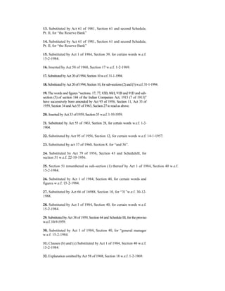 13. Substituted by Act 61 of 1981, Section 61 and second Schedule,
Pt. II, for “the Reserve Bank”
14. Substituted by Act 61 of 1981, Section 61 and second Schedule,
Pt. II, for “the Reserve Bank”
15. Substituted by Act 1 of 1984, Section 39, for certain words w.e.f.
15-2-1984.
16. Inserted by Act 58 of 1968, Section 17 w.e.f. 1-2-1969.
17.SubstitutedbyAct20of1994,Section10w.e.f.31-1-1994.
18.SubstitutedbyAct20of1994,Section10,forsub-sections(2)and(3)w.e.f.31-1-1994.
19. The words and figures “sections. 17, 77, 83B, 86H, 91B and 91D and sub-
section (5) of section 144 of the Indian Companies Act, 1913 (7 of 1913)”
have successively been amended by Act 95 of 1956, Section 11, Act 33 of
1959, Section 34 and Act 55 of 1963, Section 27 to read as above.
20. Inserted by Act 33 of 1959, Section 35 w.e.f. 1-10-1959.
21. Substituted by Act 55 of 1963, Section 28, for certain words w.e.f. 1-2-
1964.
22. Substituted by Act 95 of 1956, Section 12, for certain words w.e.f. 14-1-1957.
23. Substituted by act 37 of 1960, Section 8, for “and 36”.
24. Substituted by Act 79 of 1956, Section 43 and ScheduleII, for
section 51 w.e.f. 22-10-1956.
25. Section 51 renumbered as sub-section (1) thereof by Act 1 of 1984, Section 40 w.e.f.
15-2-1984.
26. Substituted by Act 1 of 1984, Section 40, for certain words and
figures w.e.f. 15-2-1984.
27. Substituted by Act 66 of 16988, Section 10, for “31”w.e.f. 30-12-
1988.
28. Substituted by Act 1 of 1984, Section 40, for certain words w.e.f.
15-2-1984.
29. Substituted by Act 38 of 1959, Section 64 and Schedule III, for the proviso
w.e.f. 10-9-1959.
30. Substituted by Act 1 of 1984, Section 40, for “general manager
w.e.f. 15-2-1984.
31. Clauses (b) and (c) Substituted by Act 1 of 1984, Section 40 w.e.f.
15-2-1984.
32. Explanation omitted by Act 58 of 1968, Section 18 w.e.f. 1-2-1969.
 