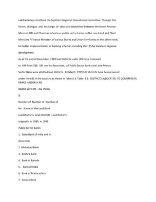 Lakshadweep constitute the Southern Regional Consultative Committee. Through this
forum, dialogue and exchange of ideas are established between the Union Finance
Minister, RBI and Chairman of various public sector banks on the one hand and Chief
Ministers / Finance Ministers of various States and Union Territories on the other hand,
for better implementation of banking schemes including the LBS for balanced regional
development.
As at the end of December, 1989 lead districts under LBS have increased
to 444 from 338. SBI and its Associates, all Public Sector Banks and one Private
Sector Bank were allotted lead districts. By March 1999 567 districts have been covered
under the LBS in the country as shown in Table 5.3. Table 5.3: DISTRICTS ALLOCATED TO COMMERCIAL
RANKS UNDER LEAD
BANKS SCHEME - ALL INDIA.
Sl.
Number of Number of Number of
No. Name of the Lead Bank
Lead Districts Lead Districts Lead Districts
originally in 1989 in 1999
Public Sector Banks
1. State Bank of India and its
Associates
2. Allahabad Bank
3. Andhra Bank
4. Bank of Baroda
5 . Bank of India
6. Bank of Maharashtra
7. Canara Bank
 