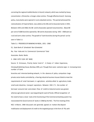 correcting the regional maldistribution in branch network, which was marked by heavy
concentration of branches at larger urban centres. Through effective branch licensing
policy, many banks were opened in rural unbanked centres. This period witnessed the
nationalisation of Imperial Bank, now called as the SBI and its Associate banks in 1955.
Between 1955 and 1968, the SBI and its Associates opened many branches. About 80
per cent of 1608 branches opened by SBI and its Associates during 1955 - 1968 were at
rural and semi-urban centres. The growth of bank branches during this period can be
seen in Table 5.1
Table 5.1: PROGRESS OF BANKING IN INDIA, 1951 - 1968
S1, State Bank of Scheduled Non-Scheduled
No. Year India and its Commercial Commercial Total
Associates Banks Banks
3. 1968 3379 5104 207 8690
Source: R. Srinivasan, Priority Sector lend in^ - A Study o f Indian Experience,
HimalayaPublishing House, Bombay 1995, p.6. Though there were welcome signs in increasing more
number of bank
branches and intensive banking network, in the absence of policy compulsion. large
private sector banks controlled by a few big industrial business houses failed to meet the
requirements of small borrowers in agriculture. activities allied to agriculture, trade.
small scale industries, transport operations. Between 196 1-7 1. the number of
borrowal accounts had come down. Flow of credit to industrial sector was greater
whereas agricultural sector was languishing for want of funds. Official recognition of
the need to have a closer look at the functioning of the Commercial banking system has
necessitated the Social Control of banks in 1968 by the NCC. The first meeting of the
NCC in March, 1968 discussed and generally agreed on matters like deposit
mobilisation and deployment of credit to the targeted groups in the form of PSL with
 