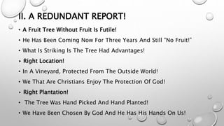 II. A REDUNDANT REPORT!
• A Fruit Tree Without Fruit Is Futile!
• He Has Been Coming Now For Three Years And Still “No Fruit!”
• What Is Striking Is The Tree Had Advantages!
▸ Right Location!
• In A Vineyard, Protected From The Outside World!
• We That Are Christians Enjoy The Protection Of God!
▸ Right Plantation!
• The Tree Was Hand Picked And Hand Planted!
• We Have Been Chosen By God And He Has His Hands On Us!
 