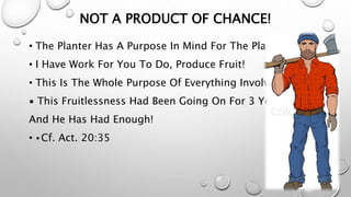 NOT A PRODUCT OF CHANCE!
• The Planter Has A Purpose In Mind For The Plant!
• I Have Work For You To Do, Produce Fruit!
• This Is The Whole Purpose Of Everything Involved!
▪ This Fruitlessness Had Been Going On For 3 Years Now,
And He Has Had Enough!
• ▸Cf. Act. 20:35
 