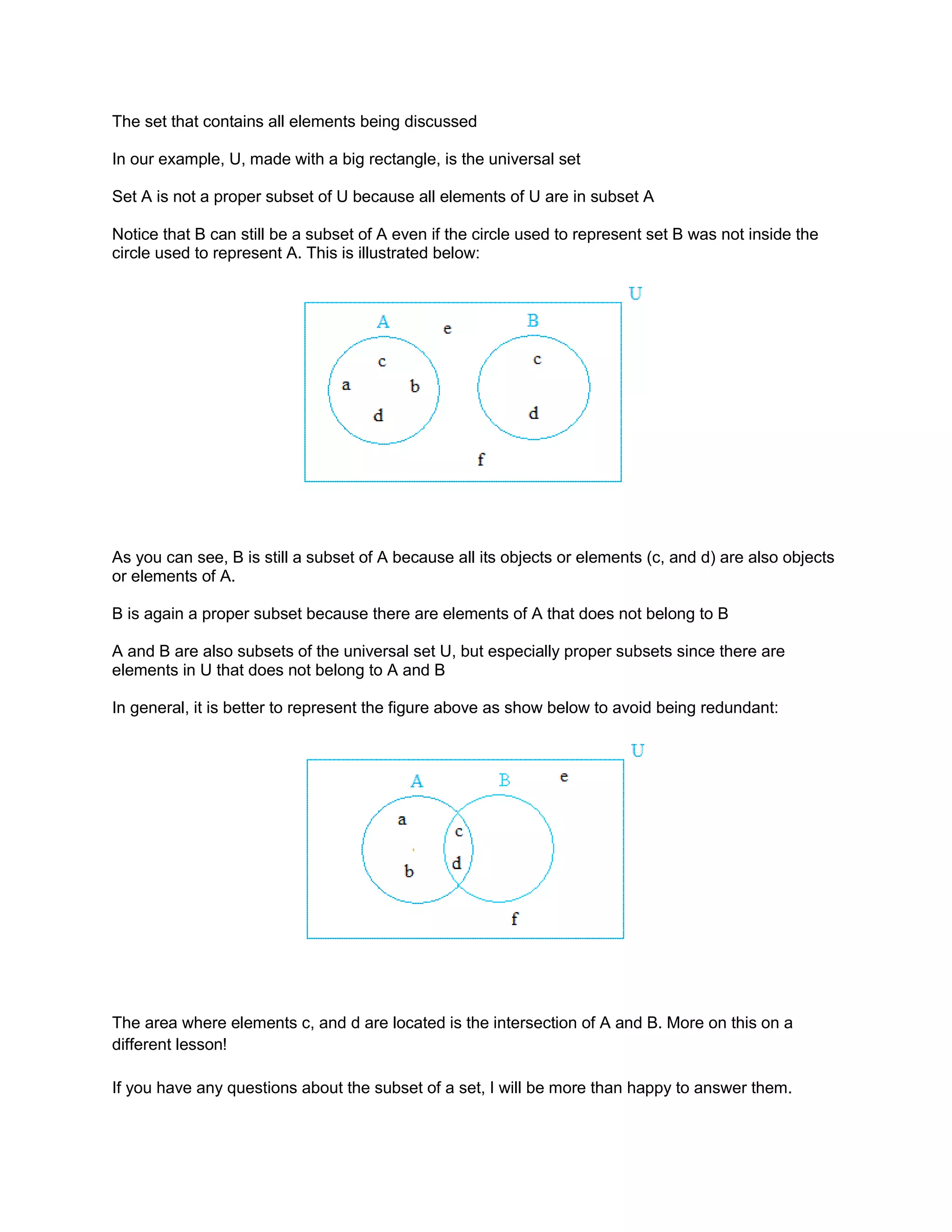 The set that contains all elements being discussed
In our example, U, made with a big rectangle, is the universal set
Set A is not a proper subset of U because all elements of U are in subset A
Notice that B can still be a subset of A even if the circle used to represent set B was not inside the
circle used to represent A. This is illustrated below:
As you can see, B is still a subset of A because all its objects or elements (c, and d) are also objects
or elements of A.
B is again a proper subset because there are elements of A that does not belong to B
A and B are also subsets of the universal set U, but especially proper subsets since there are
elements in U that does not belong to A and B
In general, it is better to represent the figure above as show below to avoid being redundant:
The area where elements c, and d are located is the intersection of A and B. More on this on a
different lesson!
If you have any questions about the subset of a set, I will be more than happy to answer them.
 