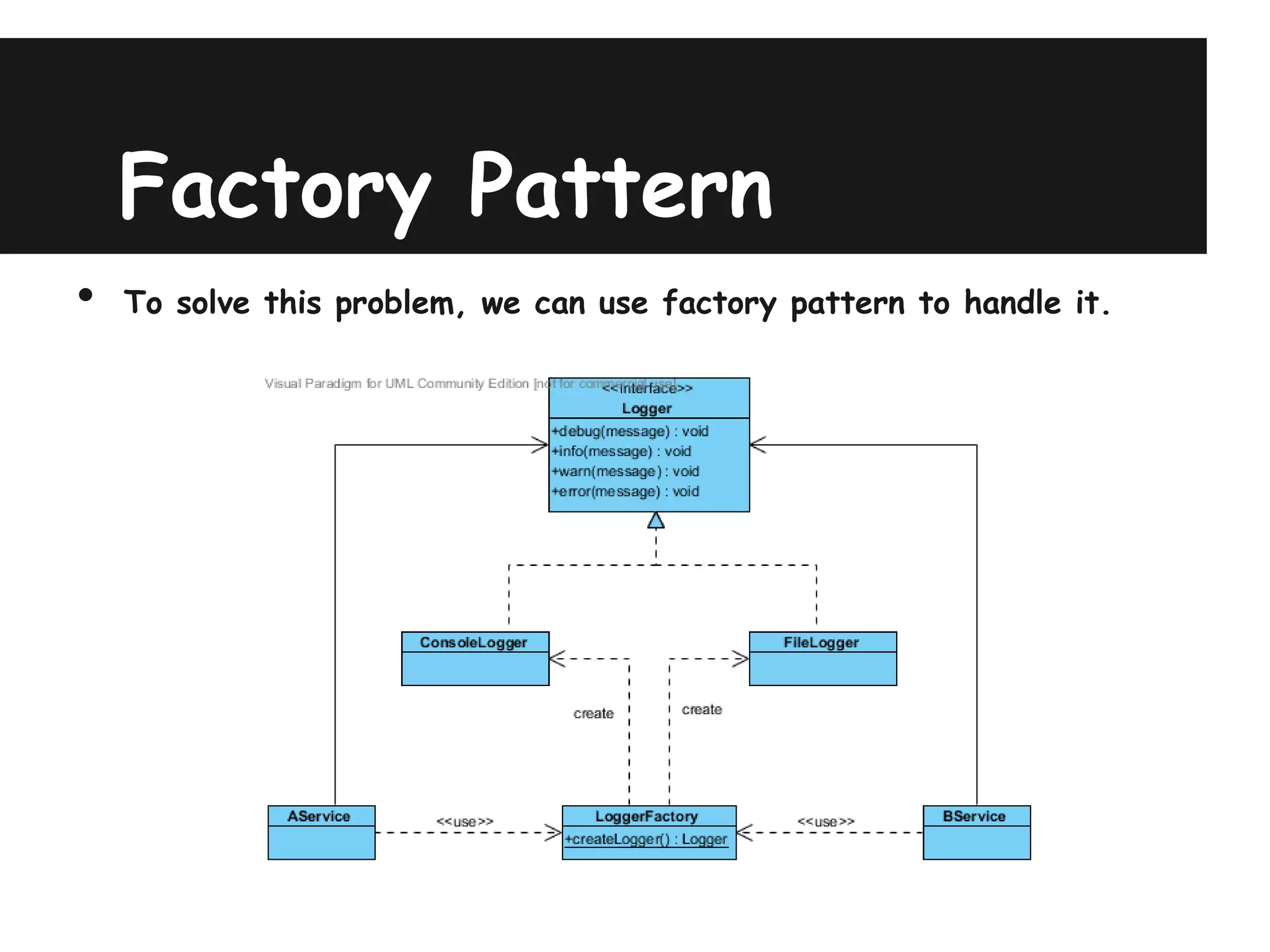 Factory Pattern
•   To solve this problem, we can use factory pattern to handle it.
 