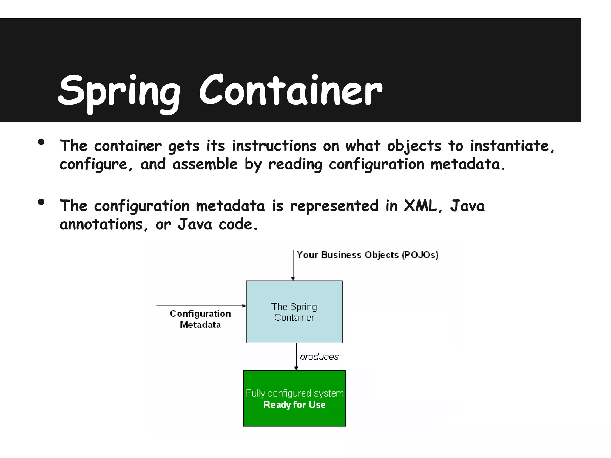 Spring Container
•   The container gets its instructions on what objects to instantiate,
    configure, and assemble by reading configuration metadata.

•   The configuration metadata is represented in XML, Java
    annotations, or Java code.
 