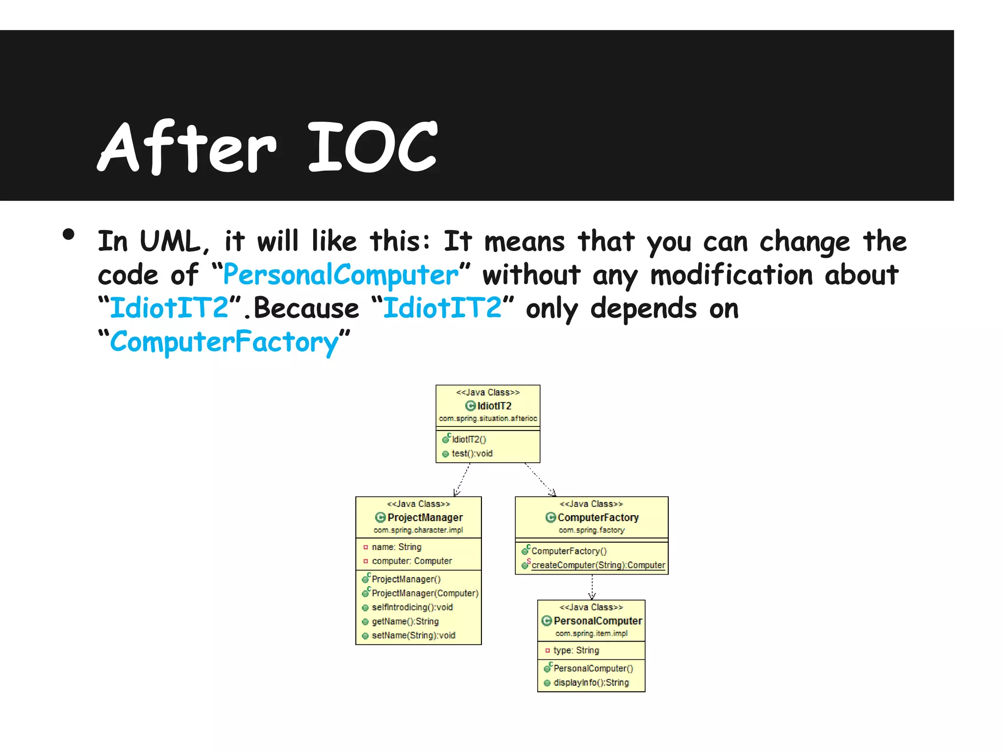 After IOC
•   In UML, it will like this: It means that you can change the
    code of “PersonalComputer” without any modification about
    “IdiotIT2”.Because “IdiotIT2” only depends on
    “ComputerFactory”
 