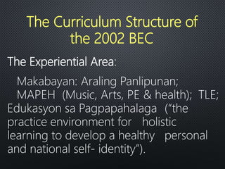 The Experiential Area:
Makabayan: Araling Panlipunan;
MAPEH (Music, Arts, PE & health); TLE;
Edukasyon sa Pagpapahalaga (“the
practice environment for holistic
learning to develop a healthy personal
and national self- identity”).
The Curriculum Structure of
the 2002 BEC
 
