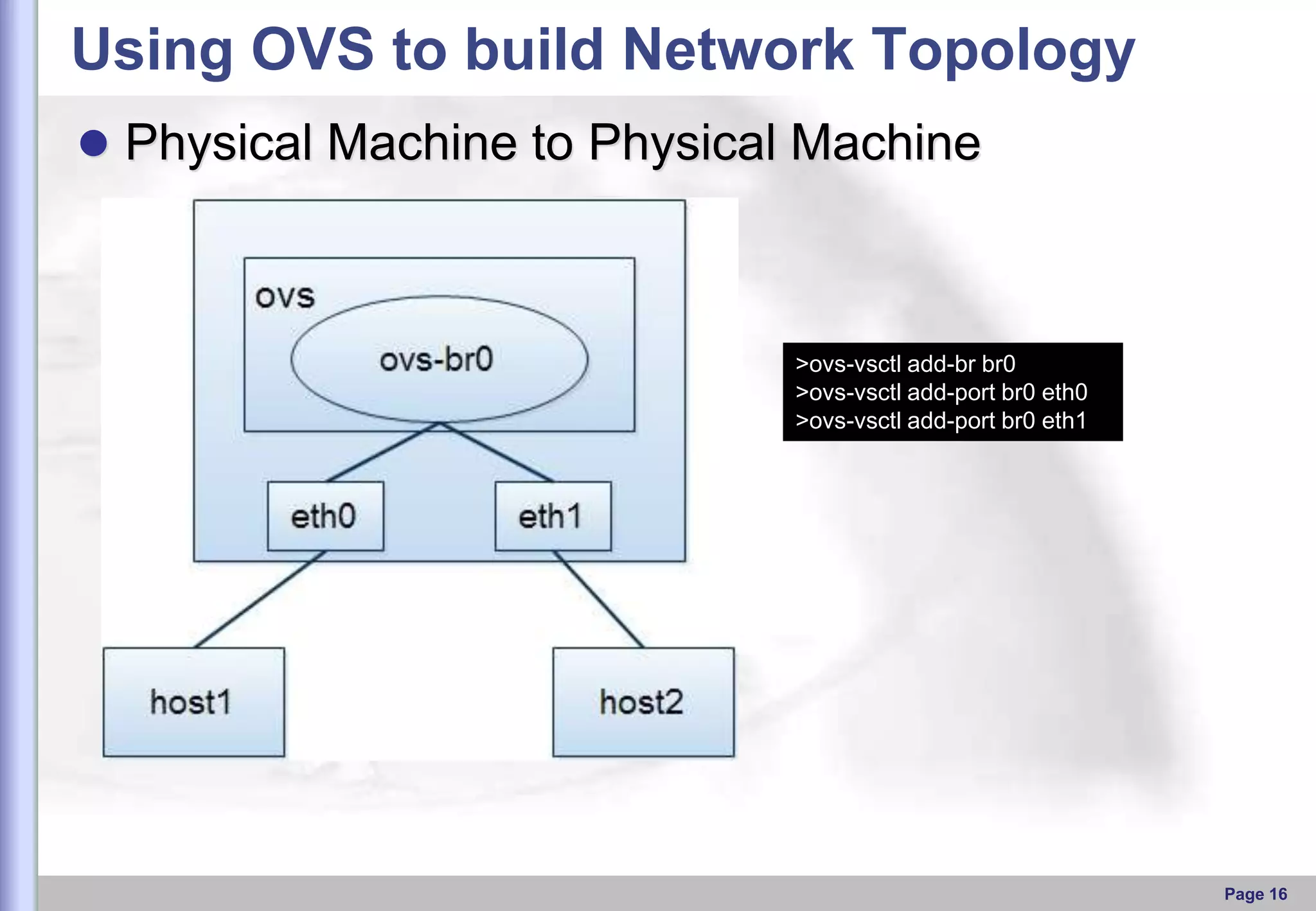 Using OVS to build Network Topology
 Physical Machine to Physical Machine

>ovs-vsctl add-br br0
>ovs-vsctl add-port br0 eth0
>ovs-vsctl add-port br0 eth1

Page 16

 
