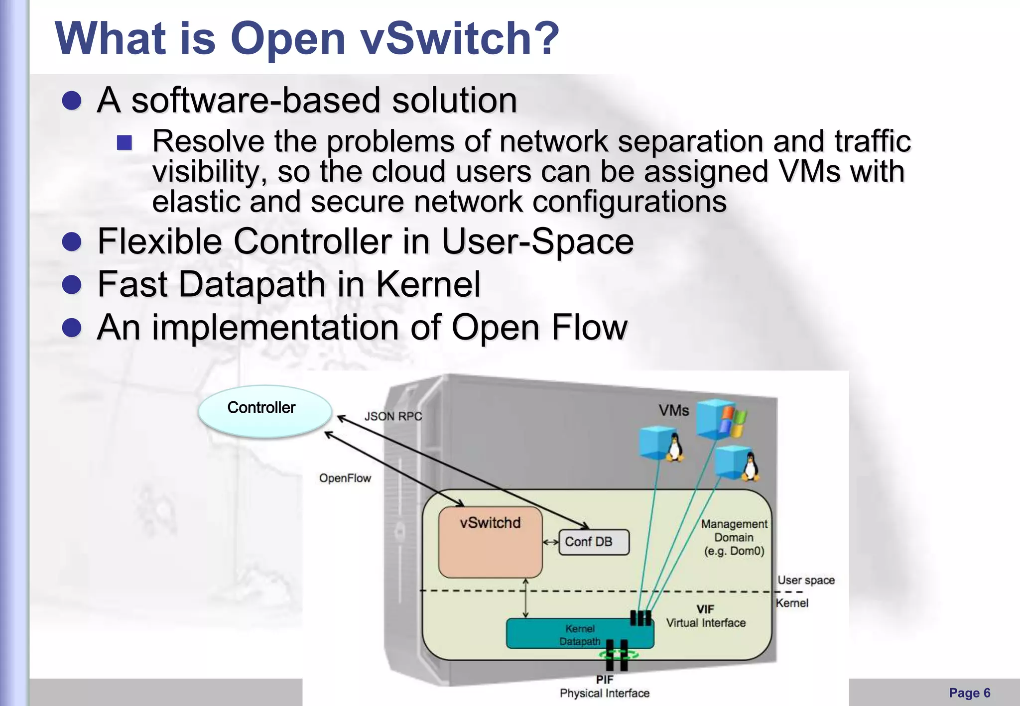 What is Open vSwitch?
 A software-based solution
 Resolve the problems of network separation and traffic
visibility, so the cloud users can be assigned VMs with
elastic and secure network configurations
 Flexible Controller in User-Space
 Fast Datapath in Kernel
 An implementation of Open Flow
Controller

Page 6

 