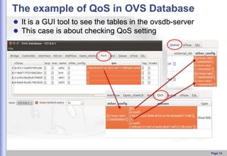 The example of QoS in OVS Database
 It is a GUI tool to see the tables in the ovsdb-server
 This case is about checking QoS setting

Page 13

 