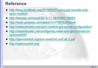 Reference
 http://blog.scottlowe.org/2013/05/07/using-gre-tunnels-with






open-vswitch/
http://lamoop.com/post/2013-11-18/40060149263
http://www.youtube.com/watch?v=rYW7kQRyUvA
http://networkstatic.net/open-vswitch-gre-tunnel-configuration/
http://networkstatic.net/configuring-vxlan-and-gre-tunnels-onopenvswitch/
http://openvswitch.org/ovs-vswitchd.conf.db.5.pdf
http://openvswitch.org/

Page 27

 