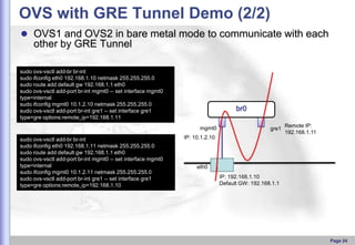 OVS with GRE Tunnel Demo (2/2)
 OVS1 and OVS2 in bare metal mode to communicate with each

other by GRE Tunnel
sudo ovs-v...