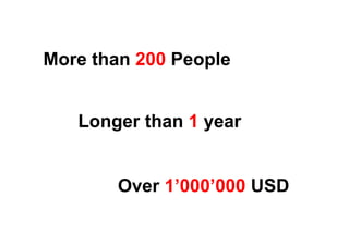 More than 200 People


   Longer than 1 year


       Over 1’000’000 USD
 