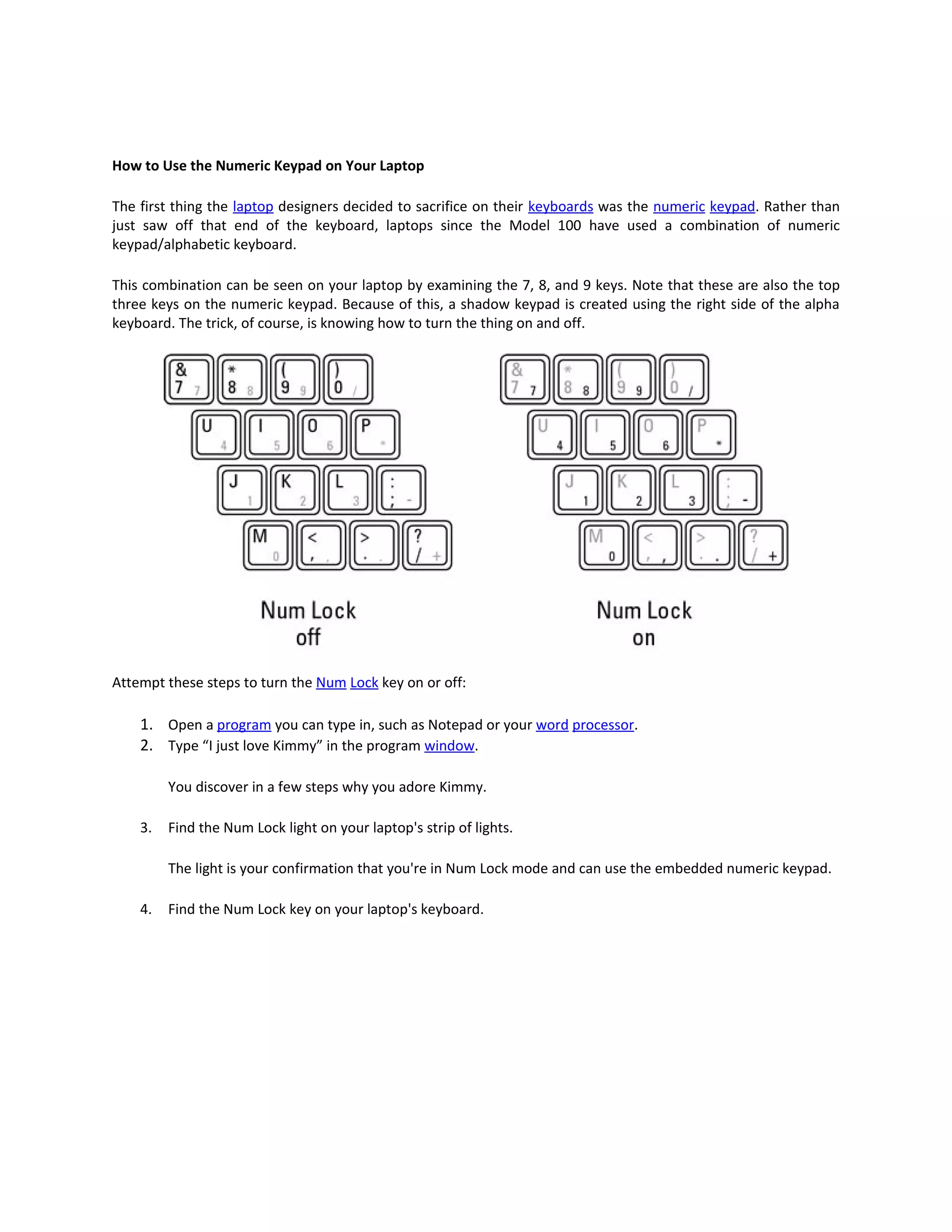 How to Use the Numeric Keypad on Your Laptop

The first thing the laptop designers decided to sacrifice on their keyboards was the numeric keypad. Rather than
just saw off that end of the keyboard, laptops since the Model 100 have used a combination of numeric
keypad/alphabetic keyboard.

This combination can be seen on your laptop by examining the 7, 8, and 9 keys. Note that these are also the top
three keys on the numeric keypad. Because of this, a shadow keypad is created using the right side of the alpha
keyboard. The trick, of course, is knowing how to turn the thing on and off.




Attempt these steps to turn the Num Lock key on or off:

    1. Open a program you can type in, such as Notepad or your word processor.
    2. Type “I just love Kimmy” in the program window.

         You discover in a few steps why you adore Kimmy.

    3.   Find the Num Lock light on your laptop's strip of lights.

         The light is your confirmation that you're in Num Lock mode and can use the embedded numeric keypad.

    4.   Find the Num Lock key on your laptop's keyboard.
 