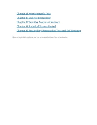 Chapter 28 Nonparametric Tests
Chapter 29 Multiple Regression*
Chapter 30 Two-Way Analysis of Variance
Chapter 31 Statistical Process Control
Chapter 32 Resampling: Permutation Tests and the Bootstrap
Starred material is optional and can be skipped without loss of continuity.
*
 