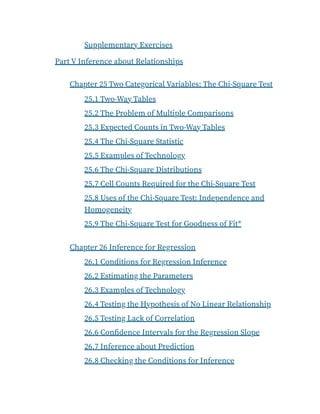 Supplementary Exercises
Part V Inference about Relationships
Chapter 25 Two Categorical Variables: The Chi-Square Test
25.1 Two-Way Tables
25.2 The Problem of Multiple Comparisons
25.3 Expected Counts in Two-Way Tables
25.4 The Chi-Square Statistic
25.5 Examples of Technology
25.6 The Chi-Square Distributions
25.7 Cell Counts Required for the Chi-Square Test
25.8 Uses of the Chi-Square Test: Independence and
Homogeneity
25.9 The Chi-Square Test for Goodness of Fit*
Chapter 26 Inference for Regression
26.1 Conditions for Regression Inference
26.2 Estimating the Parameters
26.3 Examples of Technology
26.4 Testing the Hypothesis of No Linear Relationship
26.5 Testing Lack of Correlation
26.6 Confidence Intervals for the Regression Slope
26.7 Inference about Prediction
26.8 Checking the Conditions for Inference
 
