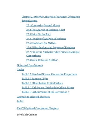 Chapter 27 One-Way Analysis of Variance: Comparing
Several Means
27.1 Comparing Several Means
27.2 The Analysis of Variance F Test
27.3 Using Technology
27.4 The Idea of Analysis of Variance
27.5 Conditions for ANOVA
27.6 F Distributions and Degrees of Freedom
27.7 Follow-up Analysis: Tukey Pairwise Multiple
Comparisons
27.8 Some Details of ANOVA*
Notes and Data Sources
Tables
TABLE A Standard Normal Cumulative Proportions
TABLE B Random Digits
TABLE C t Distribution Critical Values
TABLE D Chi-Square Distribution Critical Values
TABLE E Critical Values of the Correlation r
Answers to Selected Exercises
Index
Part VI Optional Companion Chapters
(Available Online)
 