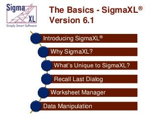 The Basics - SigmaXL®
Version 6.1
Introducing SigmaXL®
Why SigmaXL?

What’s Unique to SigmaXL?
Recall Last Dialog
Worksheet Manager

Data Manipulation

 