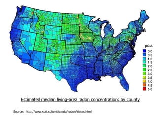 Estimated median living-area radon concentrations by county Source:  http://www.stat.columbia.edu/radon/states.html 