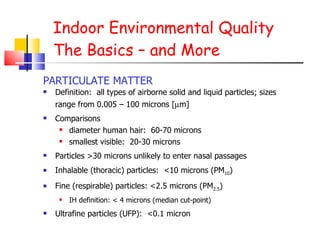 Indoor Environmental Quality The Basics – and More Definition:  all types of airborne solid and liquid particles; sizes range from 0.005 – 100 microns [  m] Comparisons diameter human hair:  60-70 microns smallest visible:  20-30 microns  Particles >30 microns unlikely to enter nasal passages Inhalable (thoracic) particles:  <10 microns (PM 10 ) Fine (respirable) particles: <2.5 microns (PM 2.5 ) IH definition: < 4 microns (median cut-point) Ultrafine particles (UFP):  <0.1 micron PARTICULATE MATTER 