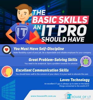 THE
AN
BASIC SKILLS
SHOULD HAVE
IT PRO
You Must Have Self-Discipline
Make flexibility a part of your job. Be a dependable and reliable employee for your company
Excellent Communication Skills
You should listen well to the concern of your client. It is your task to educate the user.
Great Problem-Solving Skills
You need to be analytical. Spot a problem towards its solution
Loves Technology
An excellent IT guy is always up to date on the latest
things connected to the world of IT
www.houseofit.com.au
 