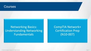 © Global Knowledge Training LLC. All rights reserved. Page 17
Courses
Networking Basics:
Understanding Networking
Fundamentals
CompTIA Network+
Certification Prep
(N10-007)
 