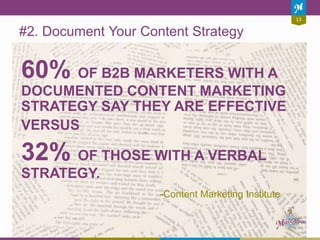 13
#2. Document Your Content Strategy
60% OF B2B MARKETERS WITH A
DOCUMENTED CONTENT MARKETING
STRATEGY SAY THEY ARE EFFECTIVE
VERSUS
32% OF THOSE WITH A VERBAL
STRATEGY.
-Content Marketing Institute
 