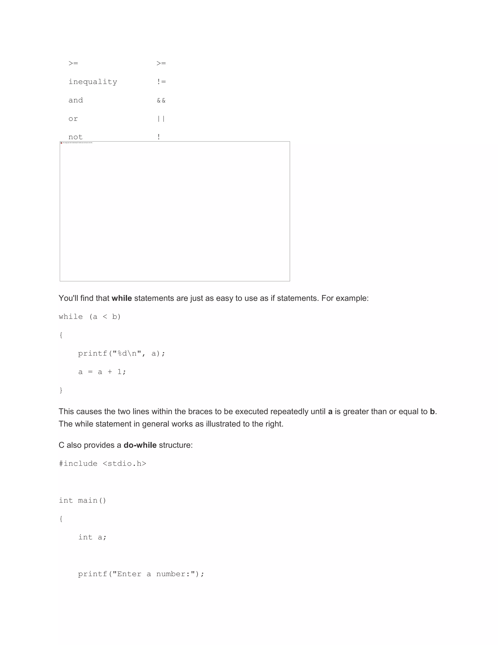 >= >= 
inequality != 
and && 
or || 
not ! 
You'll find that while statements are just as easy to use as if statements. For example: 
while (a < b) 
{ 
printf("%dn", a); 
a = a + 1; 
} 
This causes the two lines within the braces to be executed repeatedly until a is greater than or equal to b. 
The while statement in general works as illustrated to the right. 
C also provides a do-while structure: 
#include <stdio.h> 
int main() 
{ 
int a; 
printf("Enter a number:"); 
 